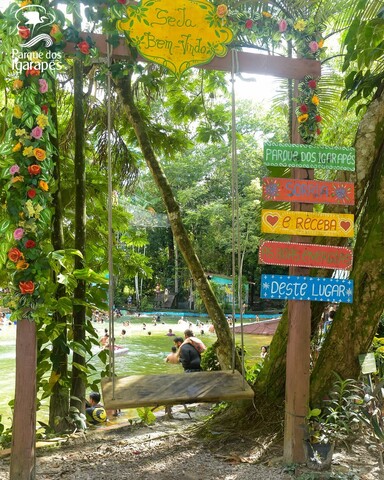 Visitantes nadando nas águas tranquilas do Parque dos Igarapés, rodeados por vegetação típica amazônica.